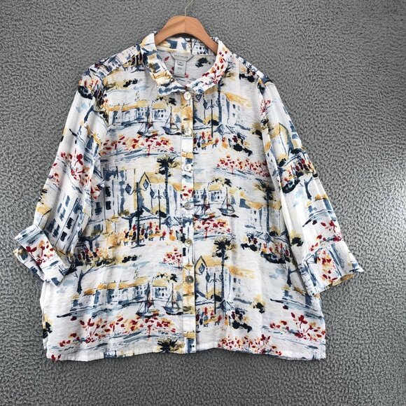 Multiples Shirt Womens Extra Large Petite Watercolor Boats Resort Wired Collar - Picture 1 of 9